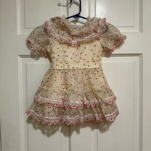 Vintage 3T Ruffle Hearts Girls Dress 1980s 1990s Lace Red Cream Layers